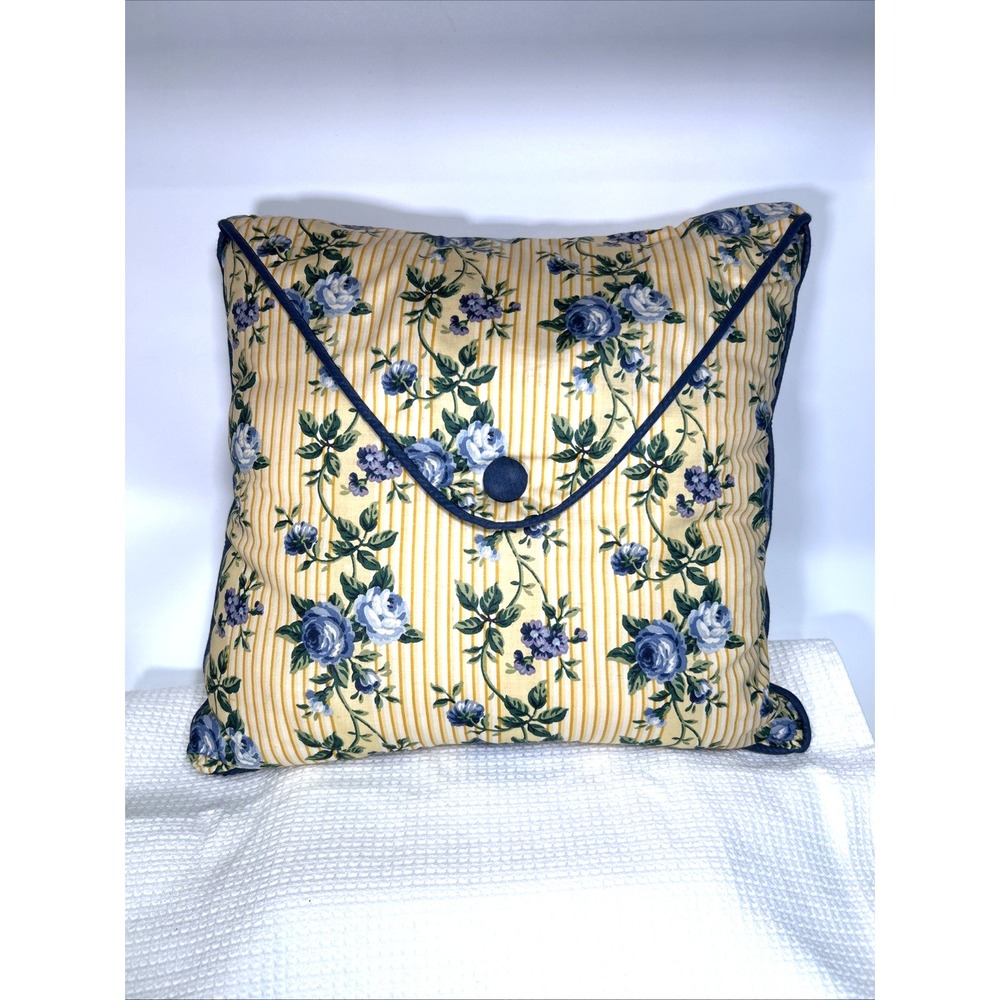 Longaberger Rose Trellis Pillow 14 x 14 Cottage Floral Striped Yellow Navy